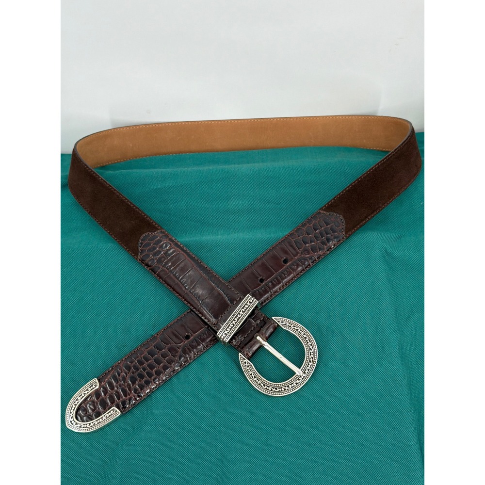 Vtg Brighton Brown Croc Embossed Leather Suede Western Belt Silver Buckle XL 36